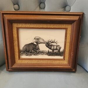 Vintage Wood-Framed Wildlife Picture - Bear, Elk & Eagle in Black and White